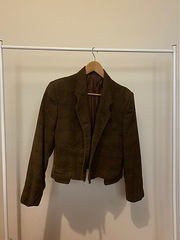 l Beden kahverengi Renk Yargıcı crop blazer ceket ekose desenli kaşe kumaş vintage