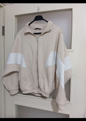 m Beden Bej Kadın Fermuarlı Yüksek Yakalı Sweatshirt