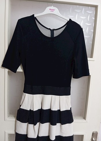 Kadın Siyah Beyaz Çizgili Pilili Mini Elbise - Görsel 3