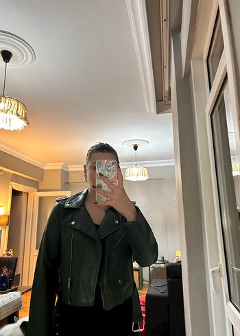 Stradivarius Koyu Yeşil Parlak Deri Ceket - Görsel 3