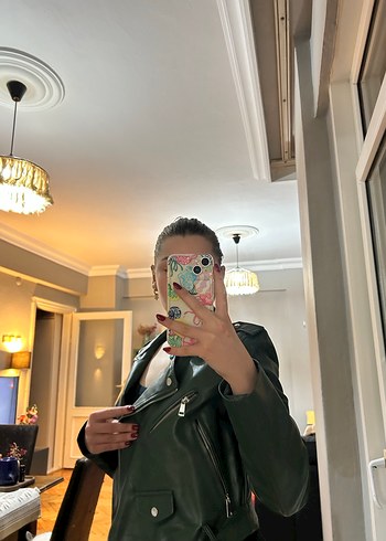 Stradivarius Koyu Yeşil Parlak Deri Ceket - Görsel 5