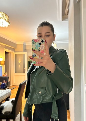 Stradivarius Koyu Yeşil Parlak Deri Ceket - Görsel 6