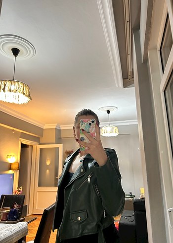 Stradivarius Koyu Yeşil Parlak Deri Ceket - Görsel 2