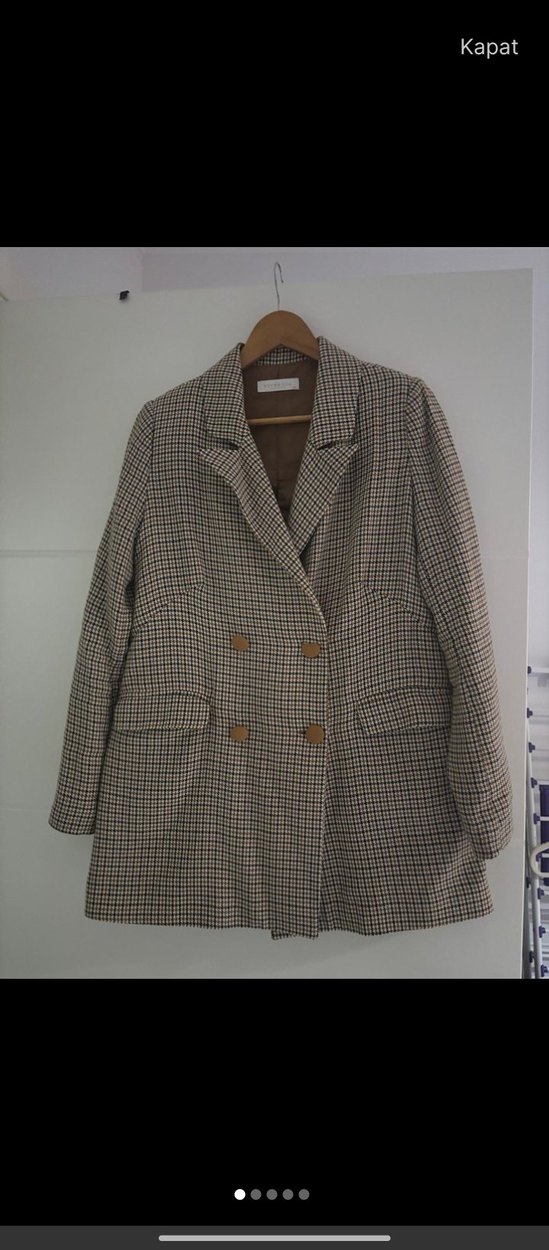 Bej Ekose Desenli Kadın Blazer Ceket - Görsel 3