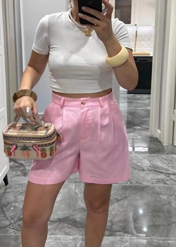 Pembe keten şort
