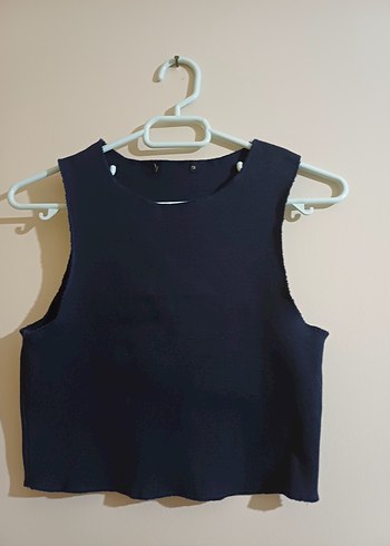 s Beden Lacivert Kolsuz Mini Denim Crop Top