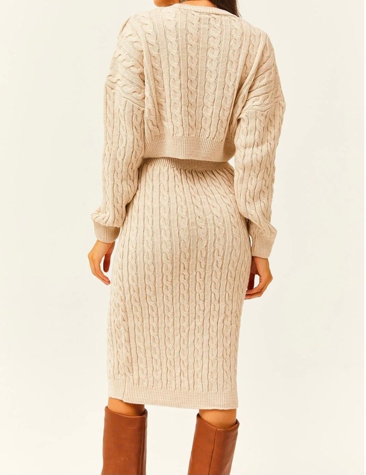 Bej Kadın Fitilli Triko Midi Elbise - Görsel 3