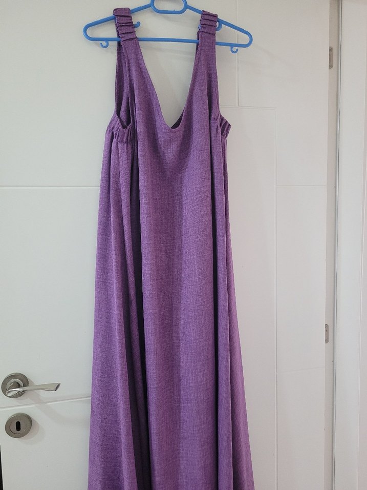 Mor V Yaka Kolsuz Uzun Elbise - Görsel 2