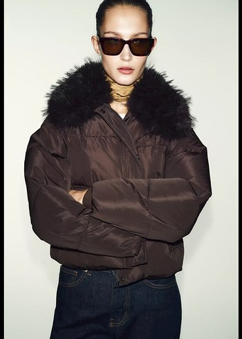 Zara Kahverengi Kürklü bomber şişme Kadın Kışlık Ceket - Görsel 2