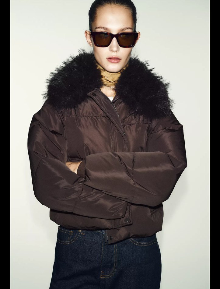 Zara Kahverengi Kürklü bomber şişme Kadın Kışlık Ceket - Görsel 2