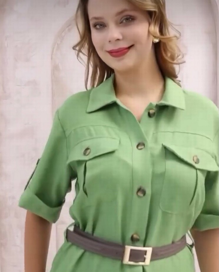 Kadın Keten Kemerli Midi Elbise - Görsel 2