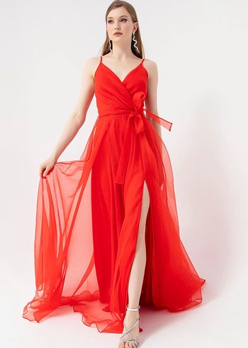 Kırmızı Uzun Drapeli Abiye Elbise - Görsel 3