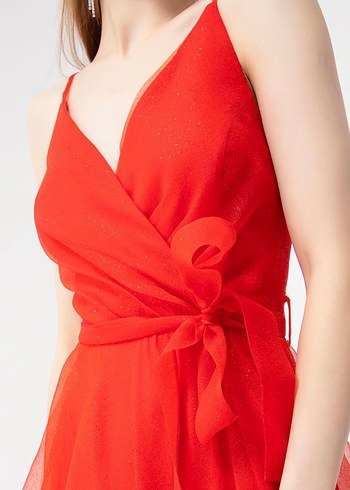 Kırmızı Uzun Drapeli Abiye Elbise - Görsel 4