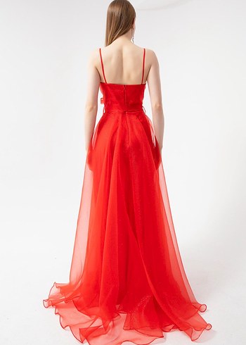 Kırmızı Uzun Drapeli Abiye Elbise - Görsel 2