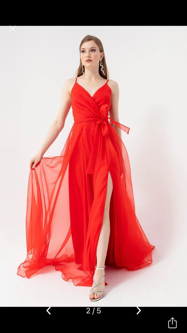Kırmızı Uzun Drapeli Abiye Elbise - Görsel 3