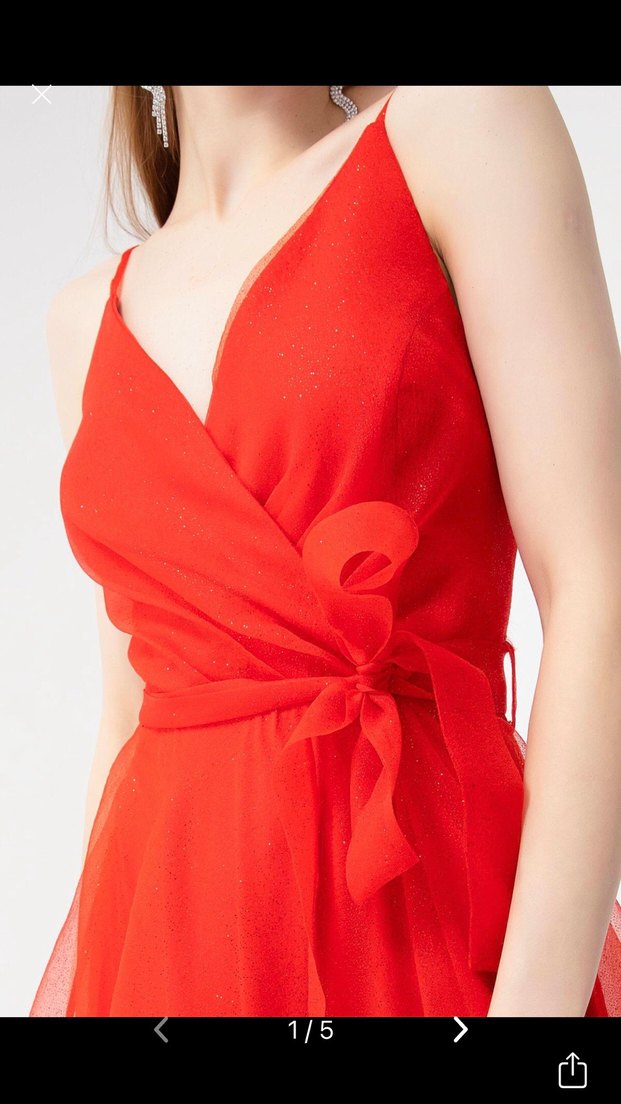 Kırmızı Uzun Drapeli Abiye Elbise - Görsel 4