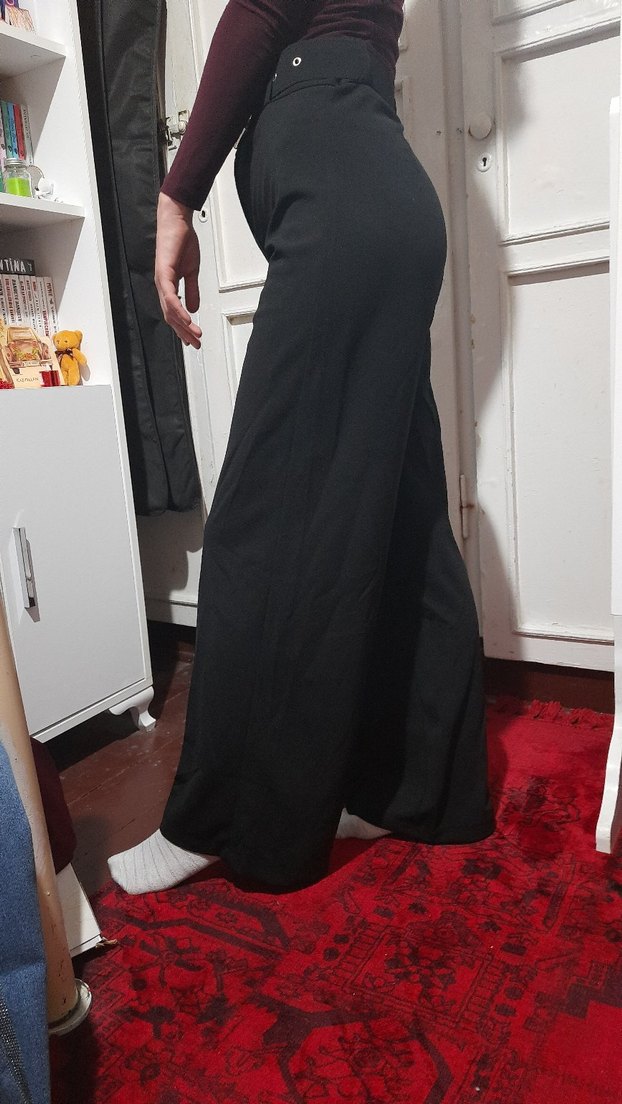 Siyah Bol Paça Likralı Crep Kadın Pantolon - Görsel 2