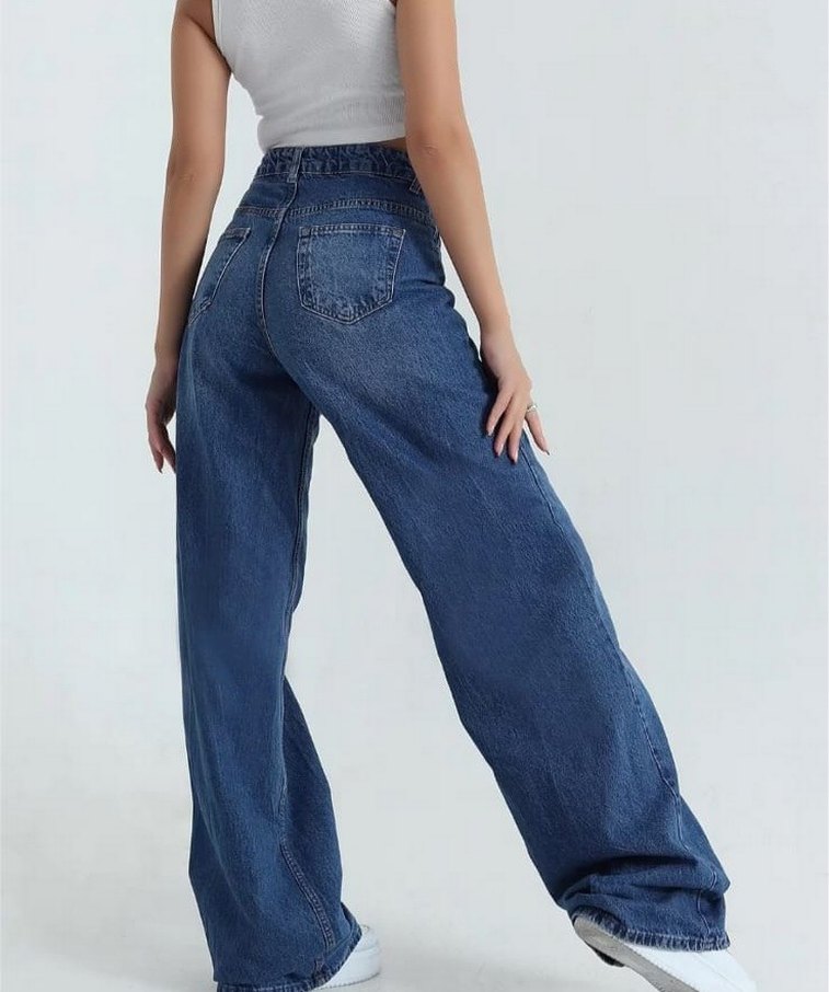 Gevşek Kesim Kıvrık Paça Mavi Denim Kadın Jean - Görsel 2