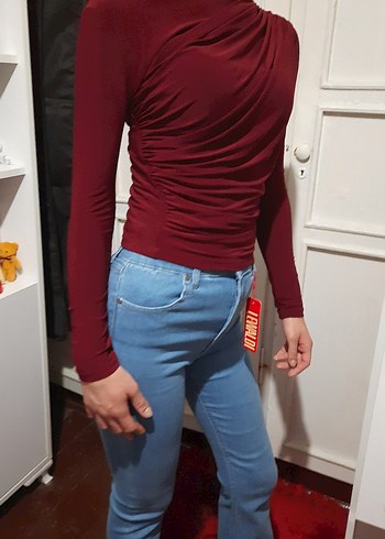 Bordo Yüksek Yakalı Büzgülü Drapeli Büzgülü Sandy Kadın Bluz - Görsel 7