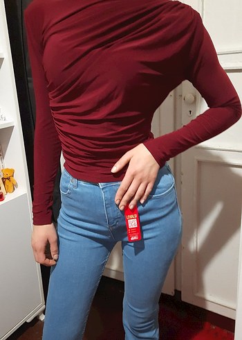 Bordo Yüksek Yakalı Büzgülü Drapeli Büzgülü Sandy Kadın Bluz - Görsel 3