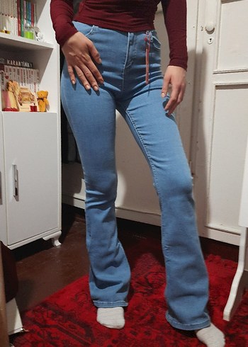 Pastel Mavi İspanyol Paça Likralı Yüksek Bel Kadın Kot Pantolon - Görsel 3