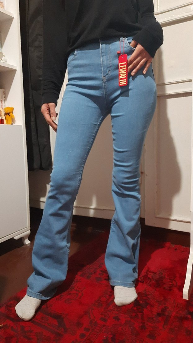 Pastel Mavi İspanyol Paça Likralı Yüksek Bel Kadın Kot Pantolon - Görsel 4