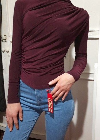 Mürdüm Yüksek Yakalı Drapeli Büzgülü Sandy Kadın Bluz - Görsel 8