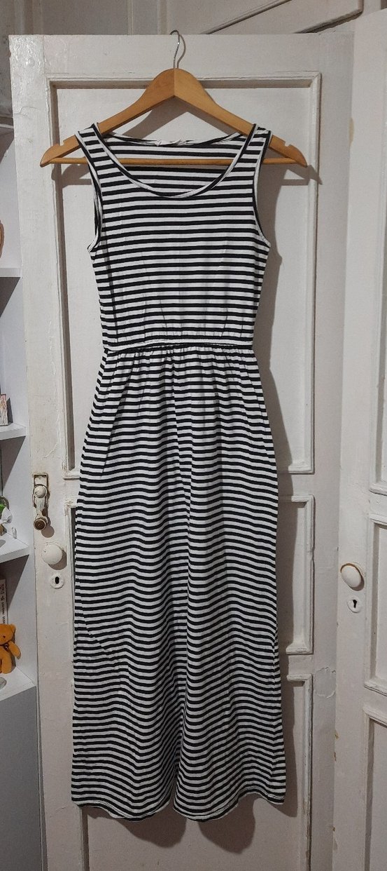 Çizgili Uzun Kolsuz Elbise - Görsel 3