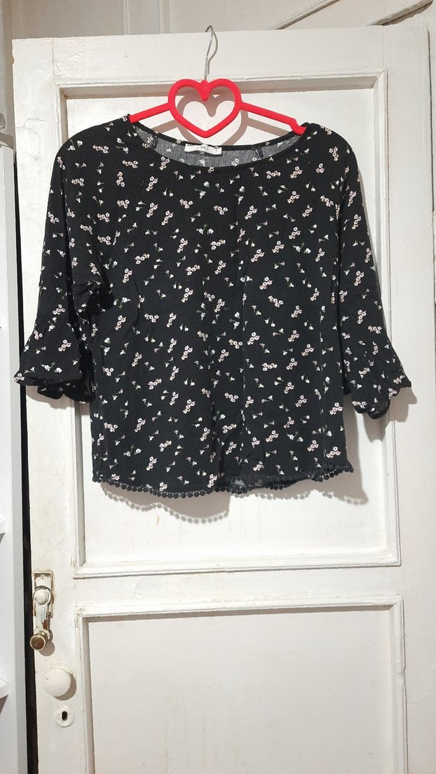 Siyah Çicekli Karpuz kol Bluz - Görsel 2