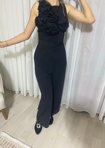 36 Beden Kadın Siyah Straplez Çiçekli Tulum