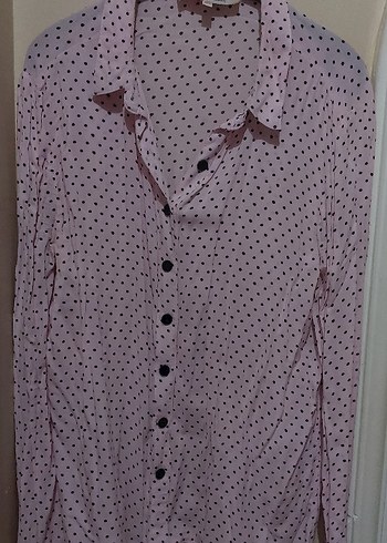 Puantiyeli Düğmeli Uzun Kollu Pembe Gömlek - Görsel 2