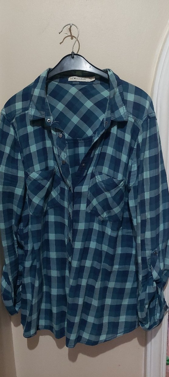 Mavi Ekose Uzun Kollu Kadın Gömlek - Görsel 2