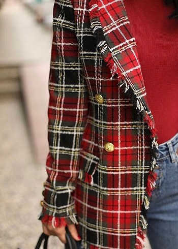 Diğer Düğmeli Kırmızı Ekose Kadın Blazer Ceket