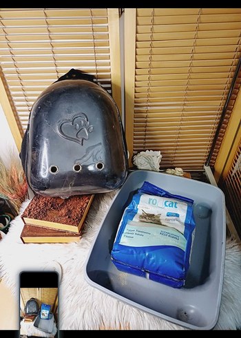 Gri Kedi Taşıma Çantası ve Kedi Kumu Kabı - Görsel 2