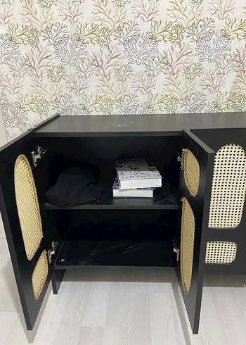 Siyah konsol Dolabı Hasır Detaylı - Görsel 2