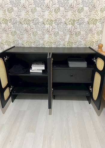 Siyah konsol Dolabı Hasır Detaylı - Görsel 3