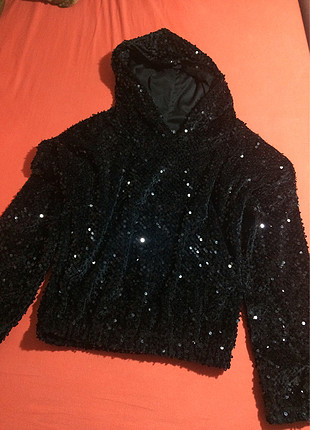 Ful payet siyah kapüşonlu sweatshirt 