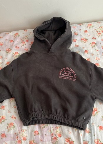 gri Kapüşonlu Baskılı Rahat Sweatshirt
