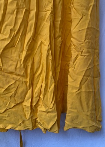 Sarı Keten Midi Drapeli V Yaka Elbise - Görsel 2