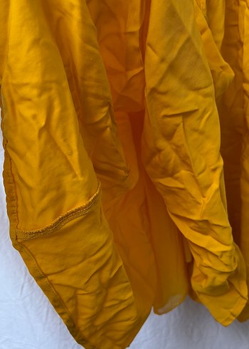 Sarı Keten Midi Drapeli V Yaka Elbise - Görsel 3