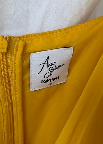 Sarı Keten Midi Drapeli V Yaka Elbise - Görsel 5