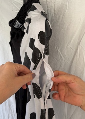 Düğmeli Siyah Beyaz Rahat Kadın Pantolon - Görsel 3