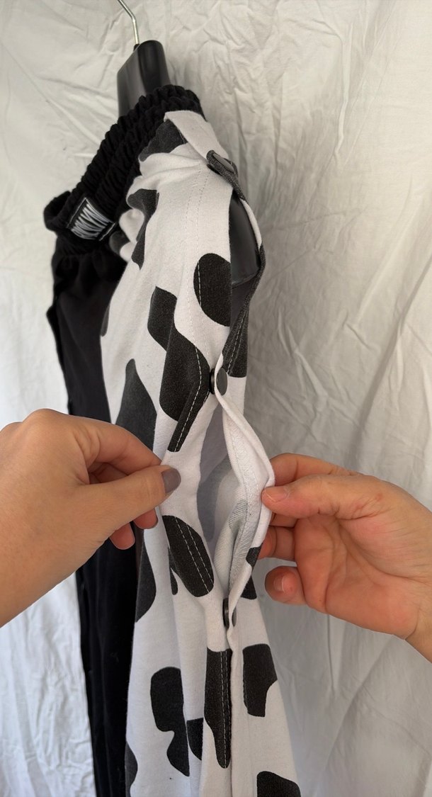 Düğmeli Siyah Beyaz Rahat Kadın Pantolon - Görsel 3