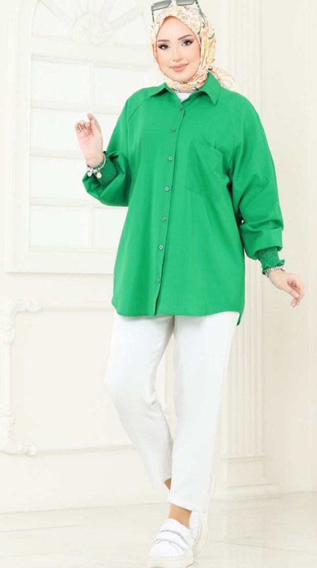 Düğmeli Yeşil Kadın Gömlek - Görsel 2