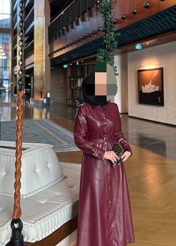 Bordo Deri Uzun Kollu Kemerli Kadın Elbise