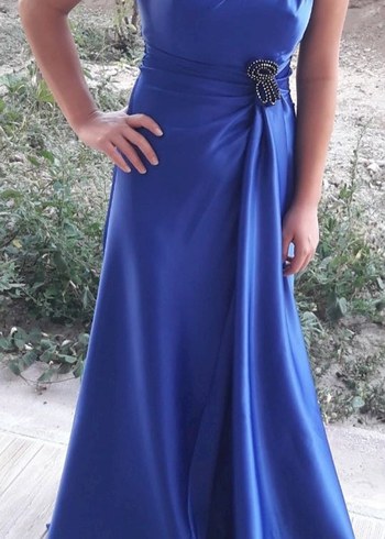 Saten Lacivert Uzun Abiye Elbise - Görsel 3