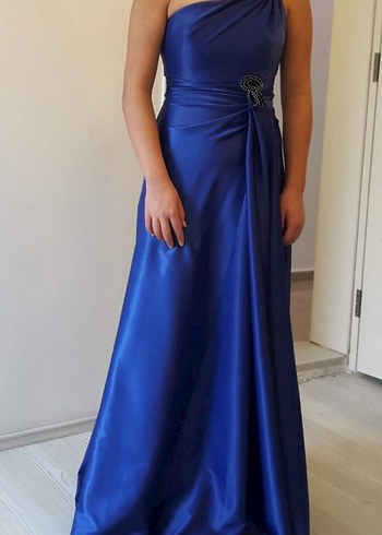 Saten Lacivert Uzun Abiye Elbise - Görsel 2
