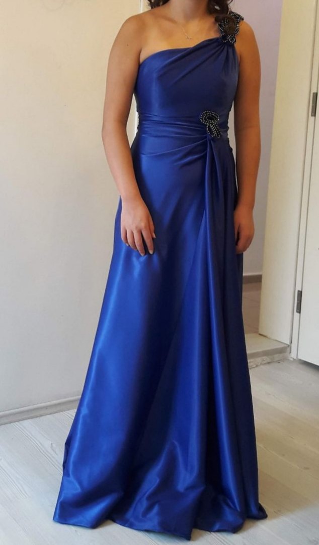 Saten Lacivert Uzun Abiye Elbise - Görsel 2