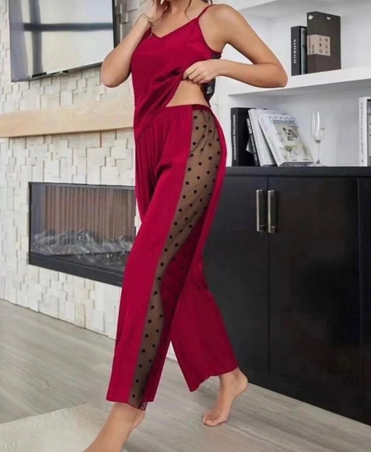 Bordo Puantiyeli Uzun İnce Askılı Kadın Gecelik - Görsel 2