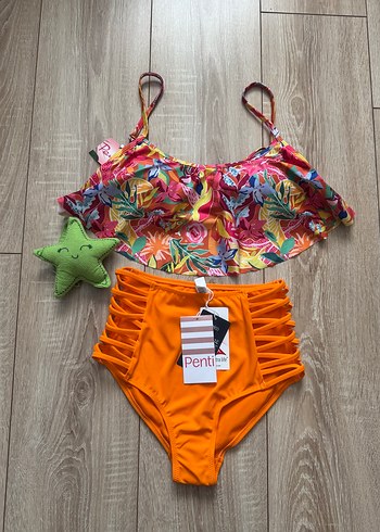 s Beden Penti Renkli Desenli Fırfırlı Bikini